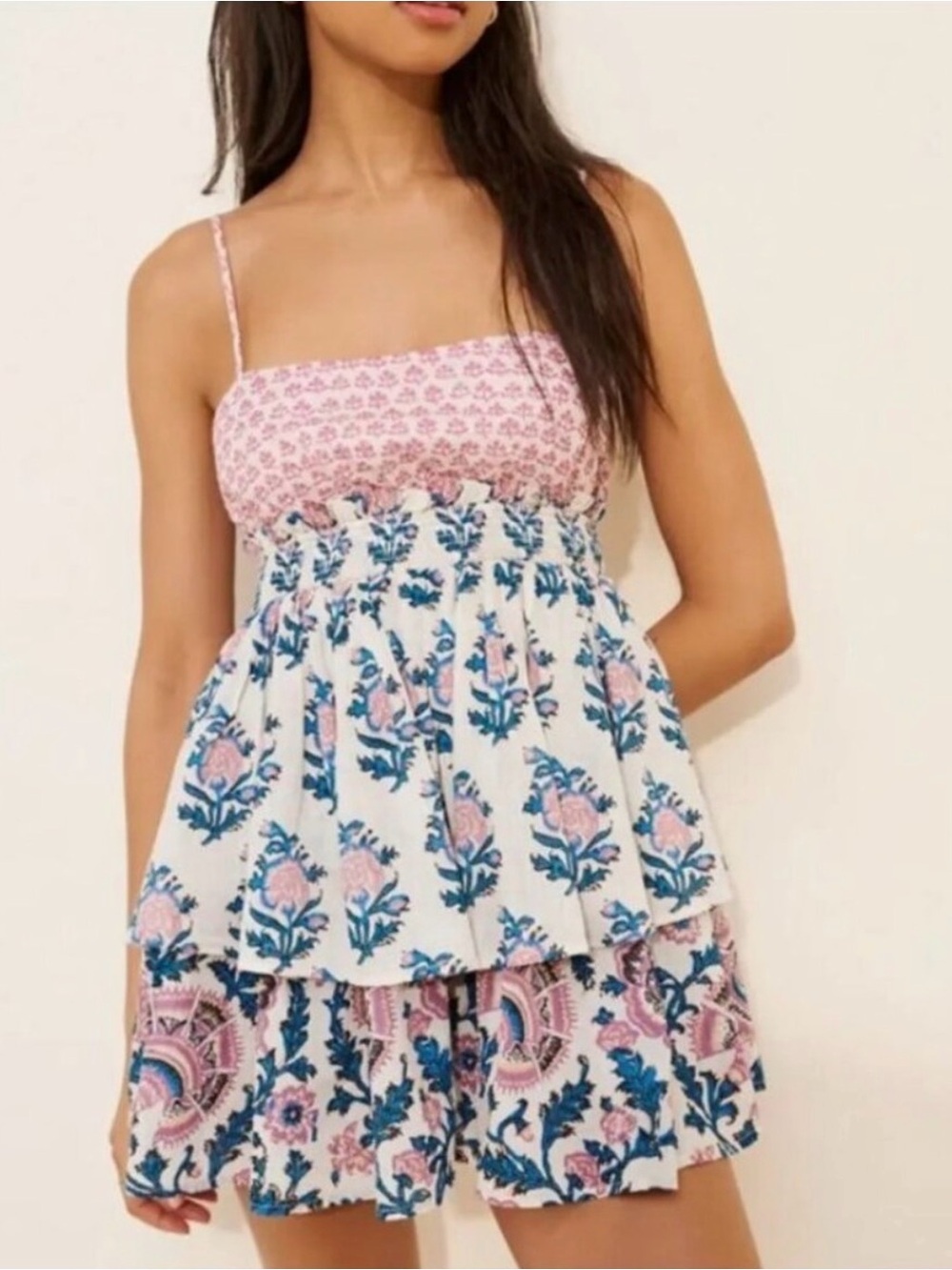 Anthropologie Celandine Straight Neck Tiered Block Print Mini Dress Size S